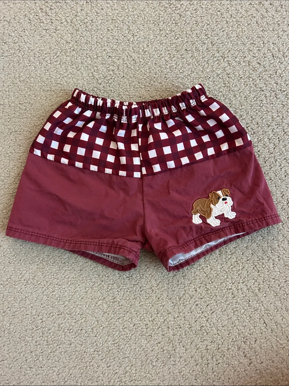 Boys Maroon Check & Bulldog Patch Swimsuit